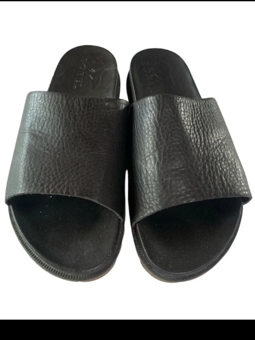 Sorel EUC!! Roaming Decon Black Pebble Leather Slide Sandals Women's US Size 7